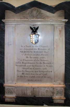 Memorial tablet for Sir Joseph Mawbey, the elder, 1st Baronet, in St Peter's, Chertsey.