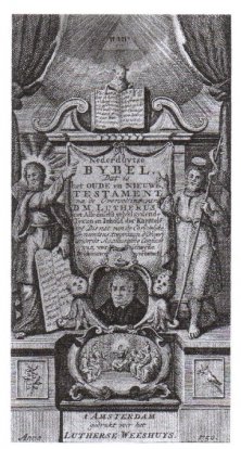 Title page of the Lutheran Nederduytse Bijbel, Amsterdam 1750. with a portrait of Martin Luther and a cartouche showing Christ and his disciples.