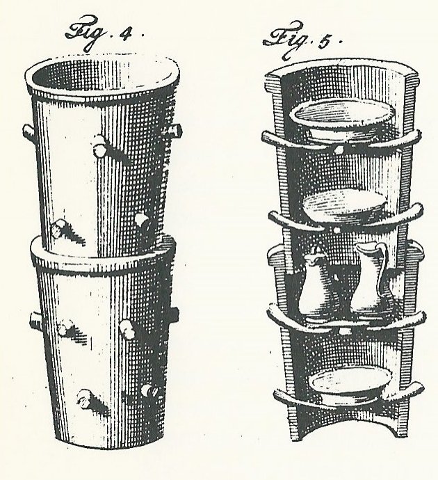 Firing tubes with dishes resting on pins. (source: Hoogtepunten van de Nederlandse faience. Delfts by F. Scholten , Nigh & Van Ditmar, 's-Gravenhage 1986)
