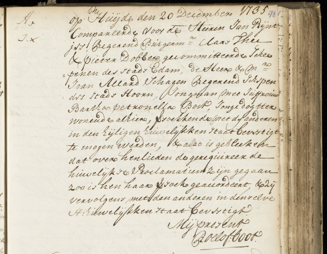 18 dec 1735 Trouwakte Jaoan Allard Schagen en Bartha Petronella Bost