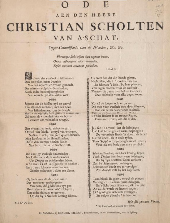 Ode aen den heere Christian Scholten van A-schat, opper-commissaris van de Waelen, &c. &c - kopie